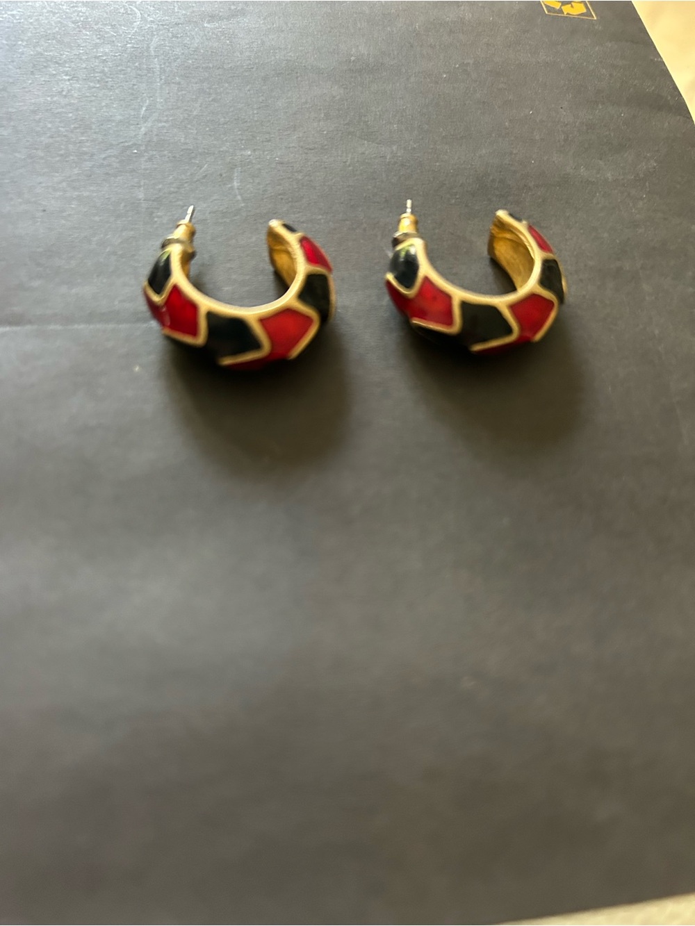 Vintage Gold-Tone Red & Black Shrimp Enamel Earrings